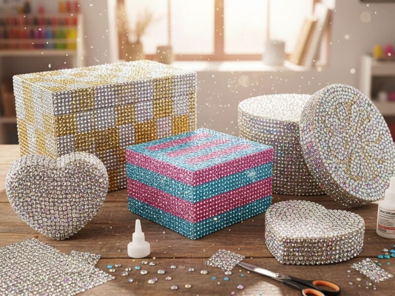 Caixas decorativas com strass coloridos em mesa