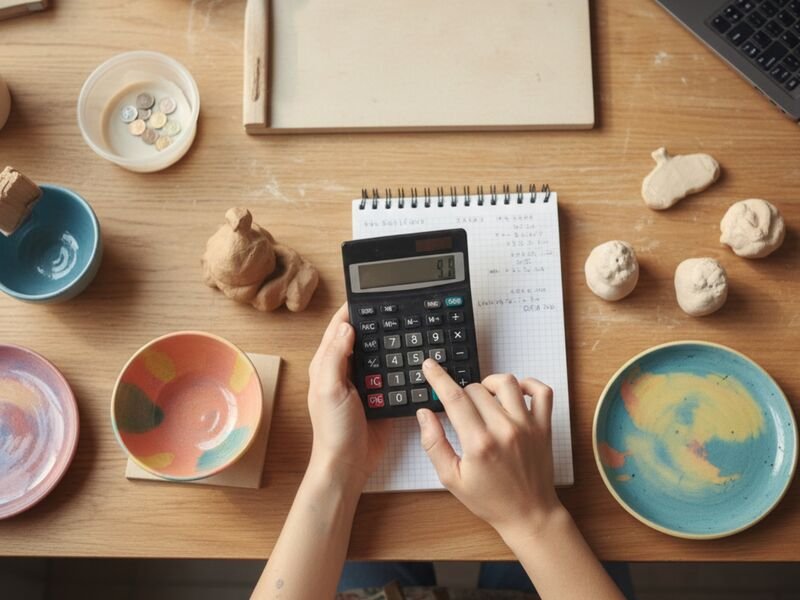 Pessoa usando calculadora em mesa de trabalho criativa