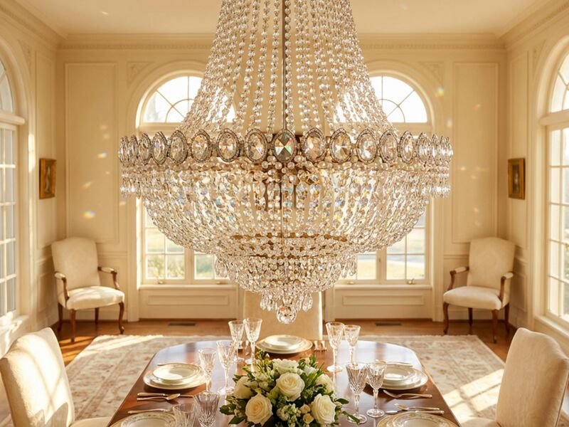 Candelabro de cristal em sala de jantar elegante.