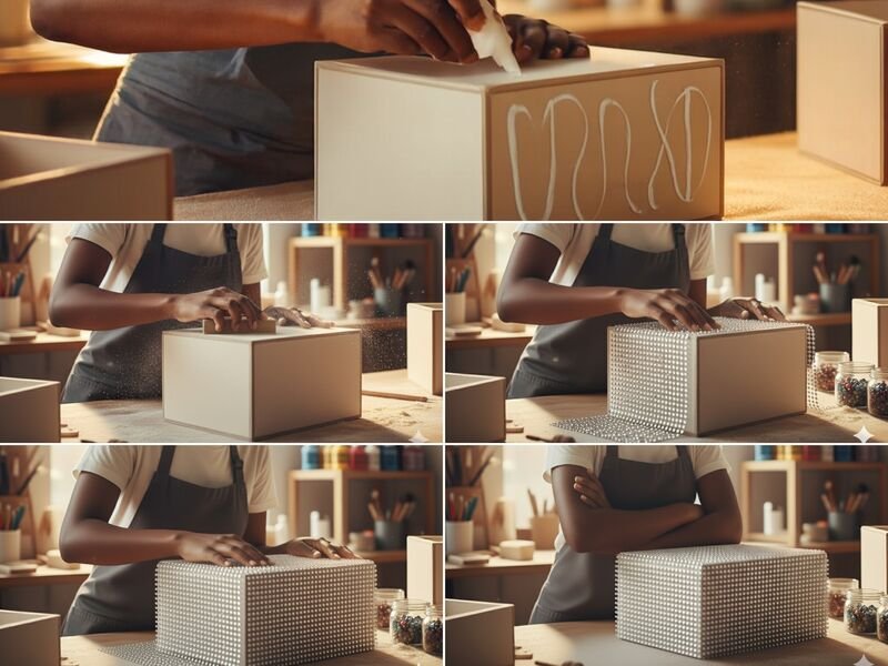 Pessoa colando caixas de papel em estúdio criativo