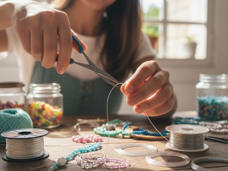 Pessoa confeccionando bijuterias com pérolas coloridas