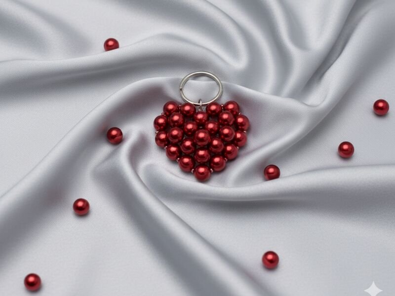 Coração formado por bolinhas vermelhas sobre satin