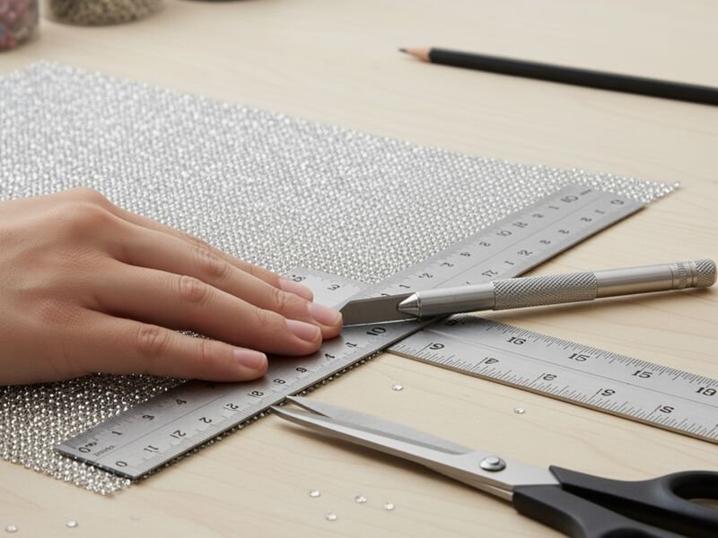 Mão cortando papel prateado com régua e tesoura.