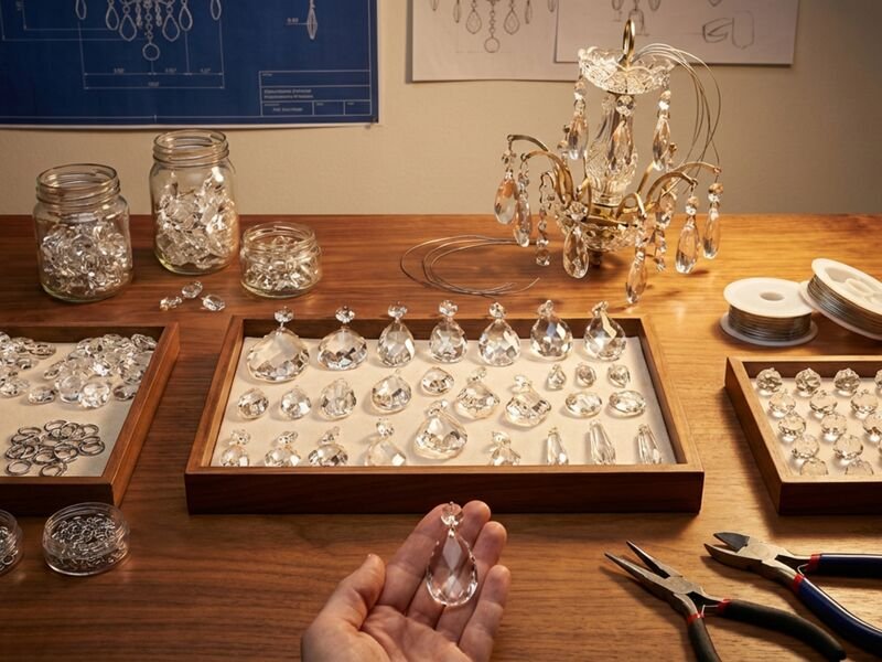 Cristais em processo de montagem para um lustre