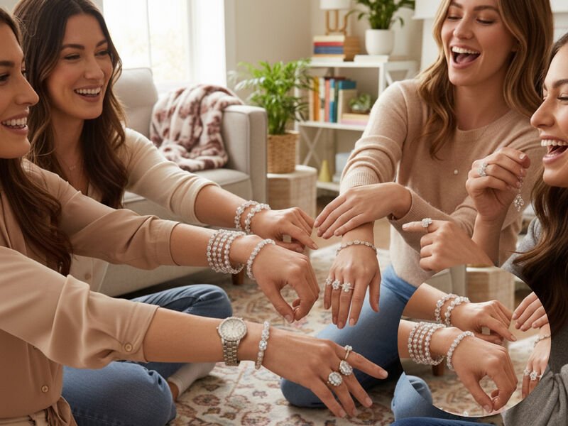 Mulheres se divertindo com joias brilhantes em casa.