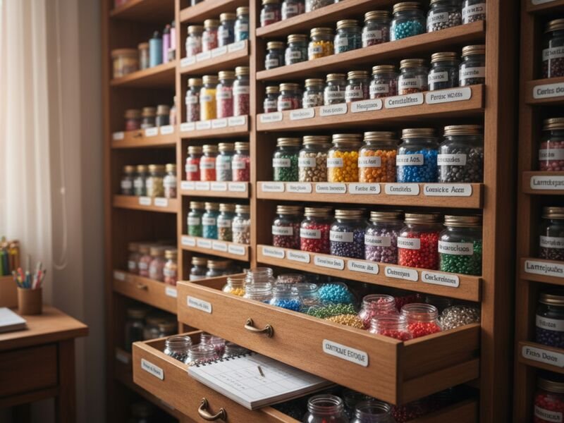 Estante organizada com frascos de materiais diversos