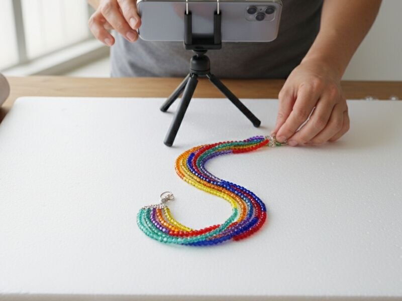 Pessoa fotografando colares coloridos de contas