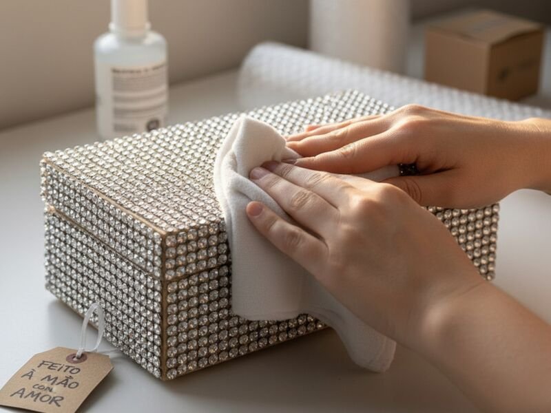 Pessoa limpando caixa decorativa brilhante