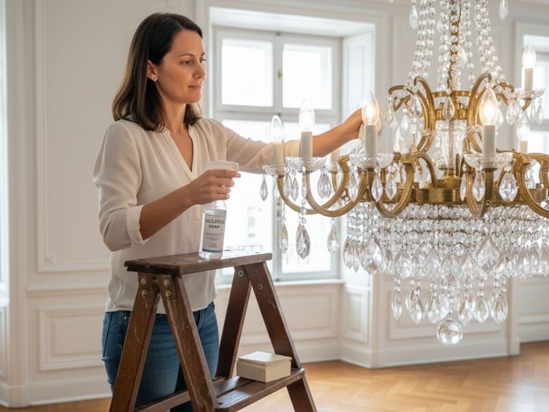 Mulher limpando um lustre em casa