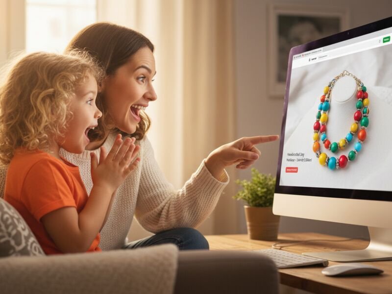 Mãe e filha admirando joias na internet