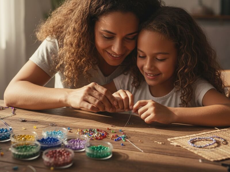 Mãe e filha criando bijuterias com miçangas