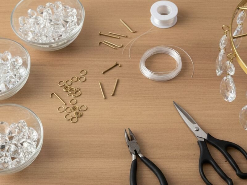 Materiais para fazer bijuterias sobre mesa de madeira.