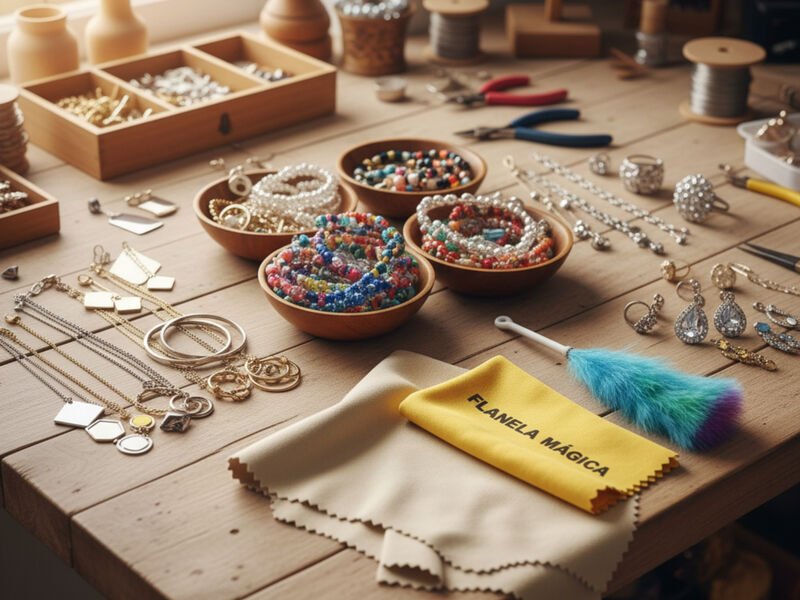 Mesa de trabalho com materiais para artesanato de joias.