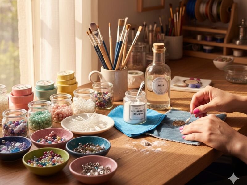 Mesa de trabalho com materiais para artesanato