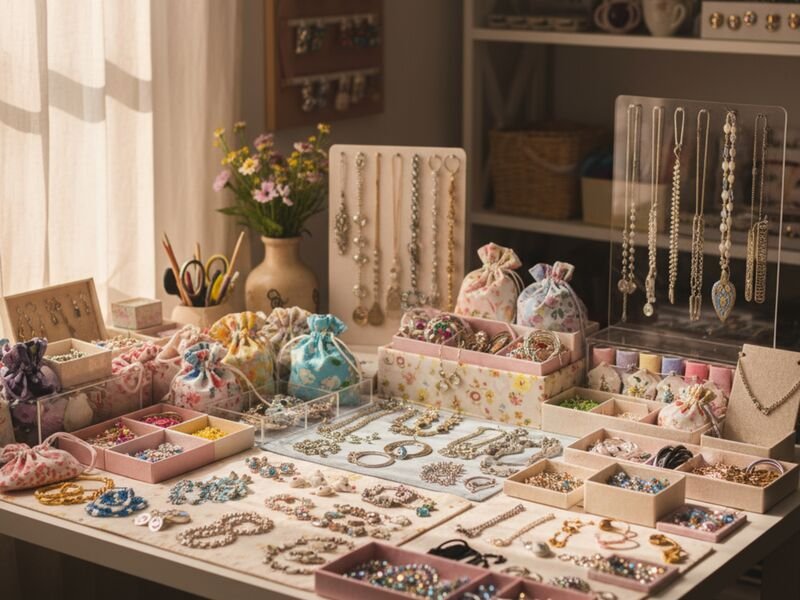 Mesa com vários acessórios e bijuterias organizadas.