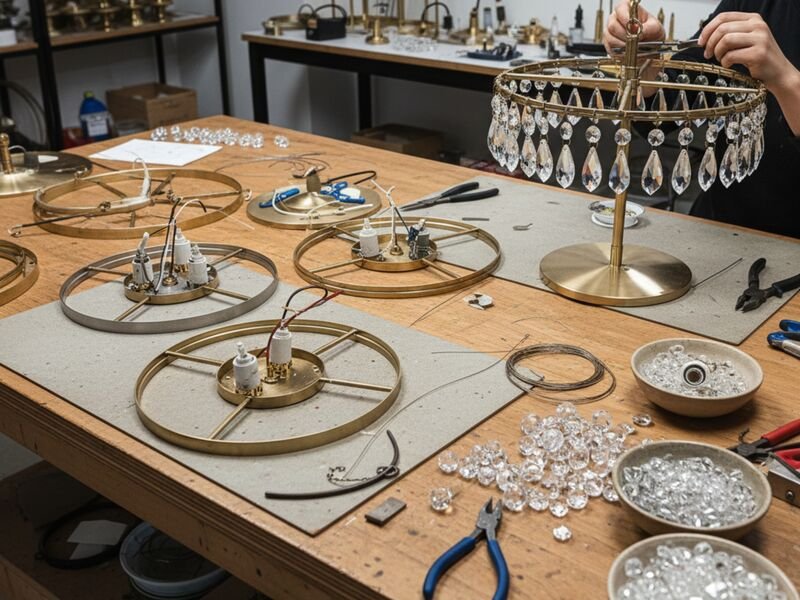 Montagem de luminárias com cristais em oficina.