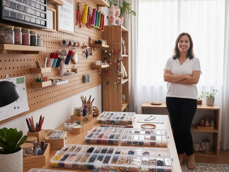 Mulher em ateliê com materiais de artesanato