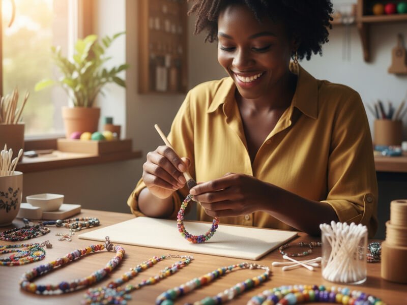 Mulher sorridente criando colar artesanal com pérolas coloridas.