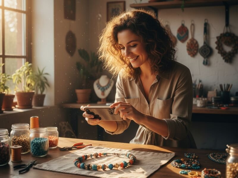 Mulher feliz criando joias à luz do dia