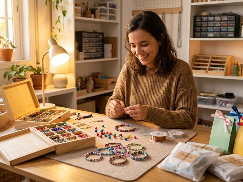 Mulher fazendo pulseiras artesanalmente com miçangas.