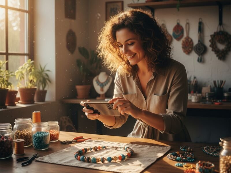 Mulher sorrindo enquanto fotografa joias artesanais