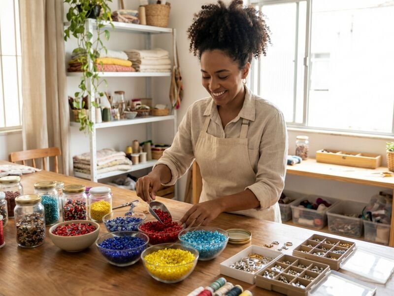 Mulher organizando contas coloridas em mesa de artesanato