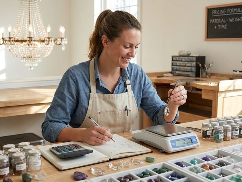 Mulher pesando pedras preciosas em ateliê