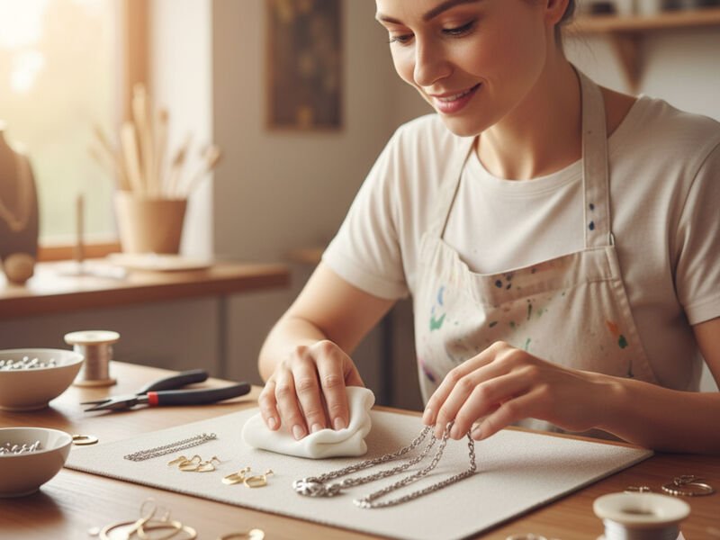 Mulher polindo colares de prata em ateliê de joias