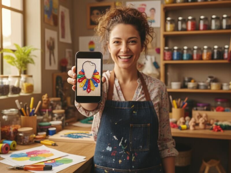 Mulher sorridente mostrando arte em seu celular.