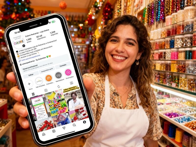 Mulher sorrindo com celular mostrando Instagram de artesanato