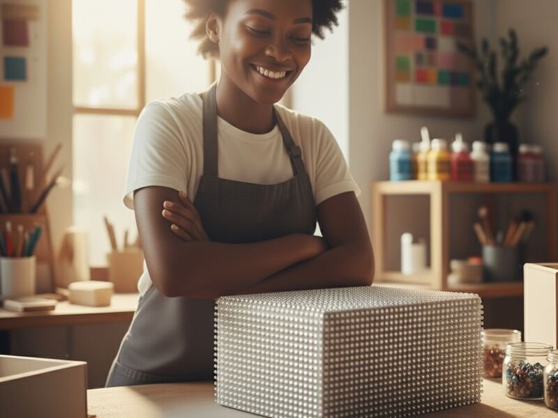 Mulher sorrindo em oficina de arte com caixas