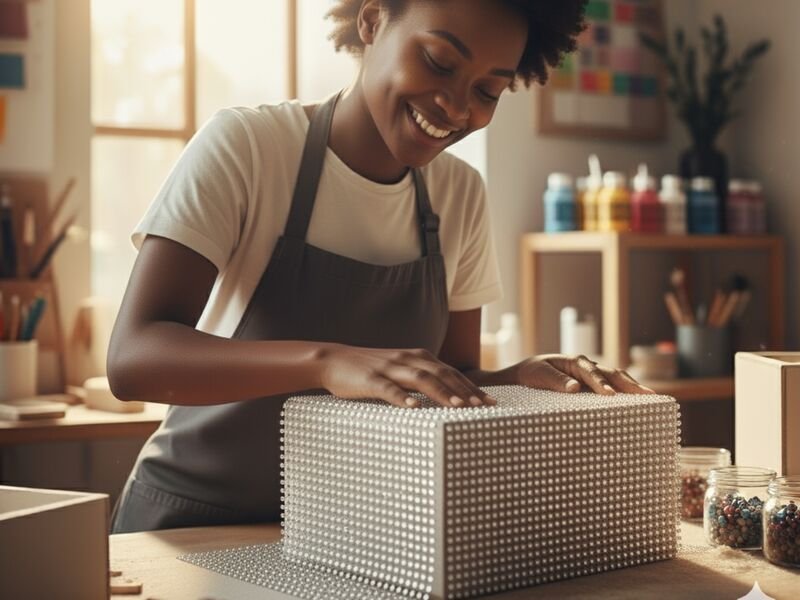 Mulher sorrindo empaquetando presente em mesa de artesanato