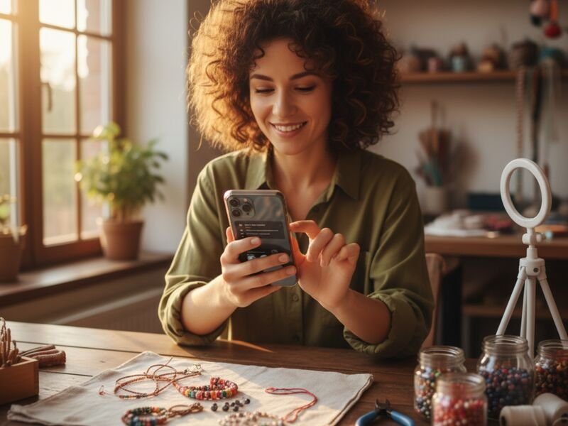 Mulher sorrindo enquanto usa smartphone em mesa organizada.