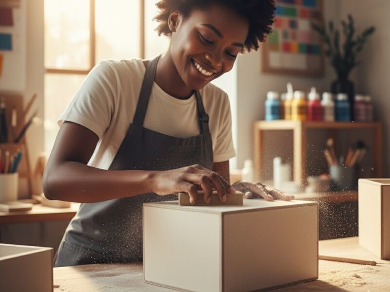 Mulher feliz trabalhando em caixas artesanais