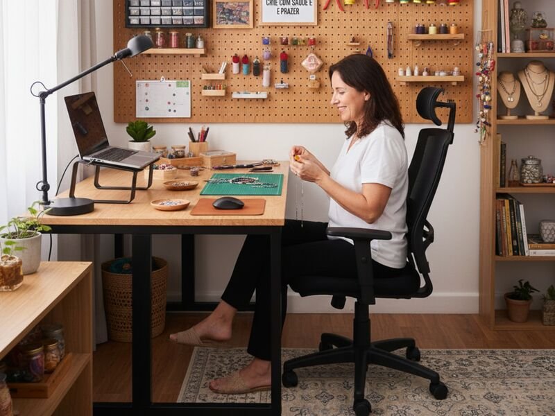 Mulher trabalhando em mesa com laptop e artesanato