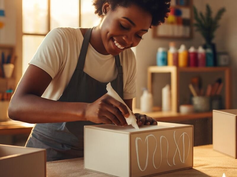 Mulher sorrindo enquanto personaliza uma caixa.