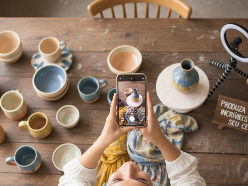Pessoa tirando foto de cerâmicas em mesa de madeira.