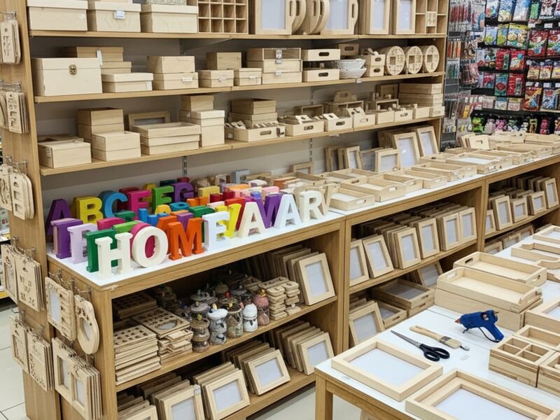 Prateleira com molduras e caixas de madeira organizadas.