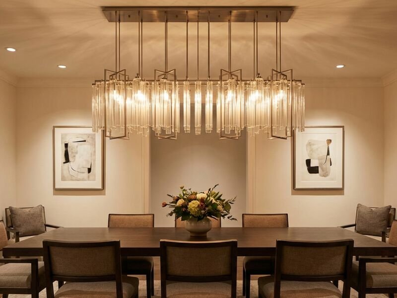 Sala de jantar moderna com lustre elegante e flores.