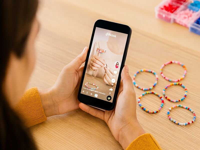 Pessoa assistindo vídeo de artesanato com pulseiras