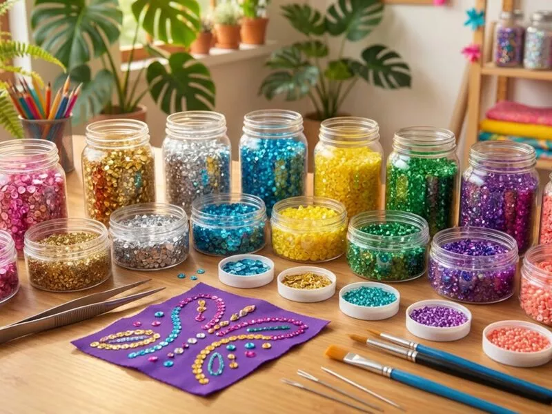 Materiais de artesanato com brilhos coloridos em mesa.