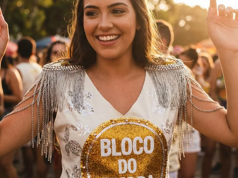 Mulher sorrindo em festa de carnaval com roupa brilhante