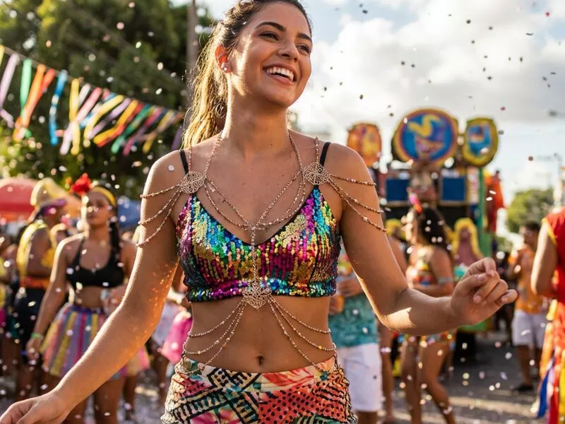 Mulher sorrindo em bloquinho com roupas coloridas de carnaval.