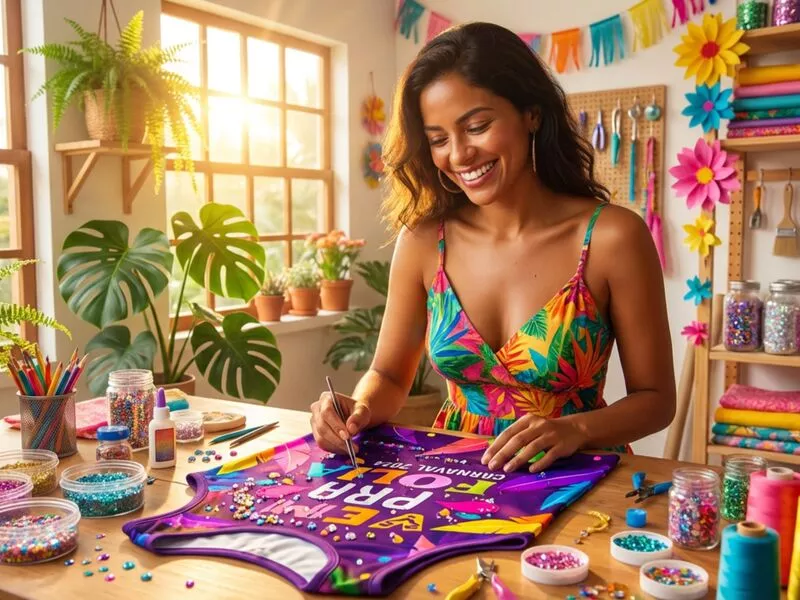 Mulher decorando camiseta colorida com miçangas