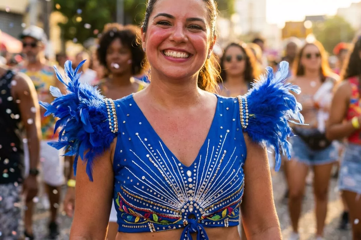 Mulher sorridente em fantasia de carnaval com penas azuis
