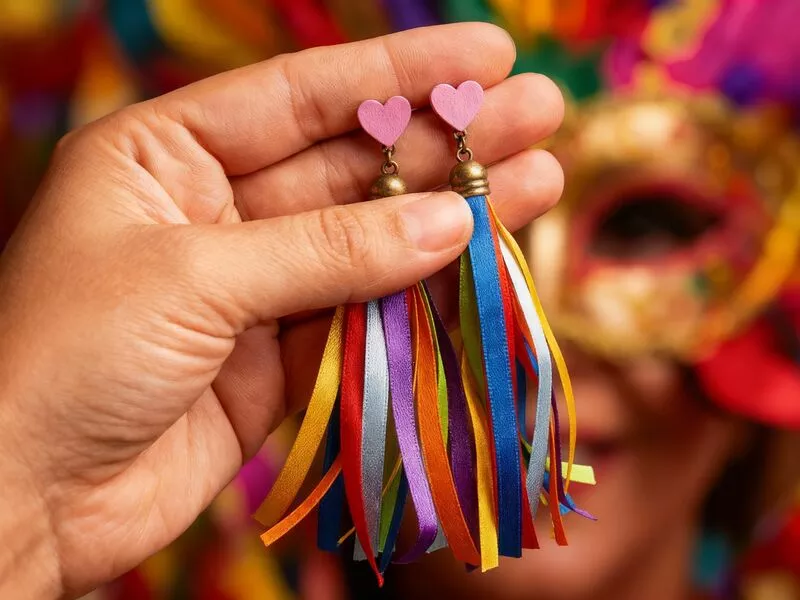 Brincos coloridos em forma de coração para carnaval