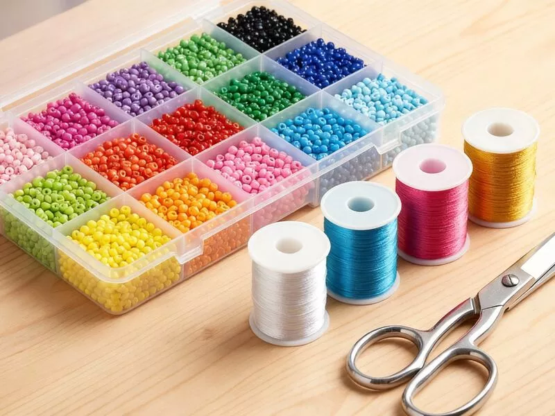 Caixa de miçangas coloridas e linhas de costura