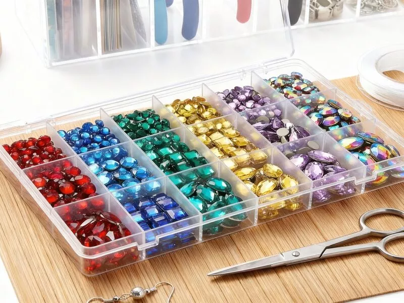 Caixa de miçangas coloridas e linhas de costura