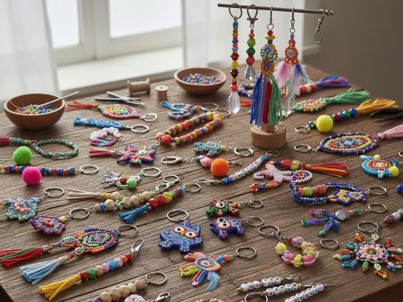Diversos chaveiros coloridos artesanais em uma mesa