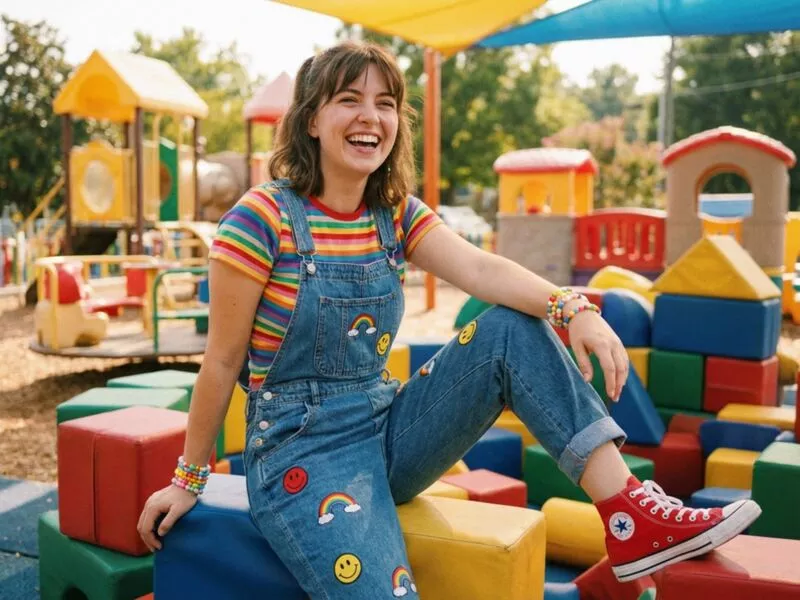 Jovem sorrindo em playground colorido